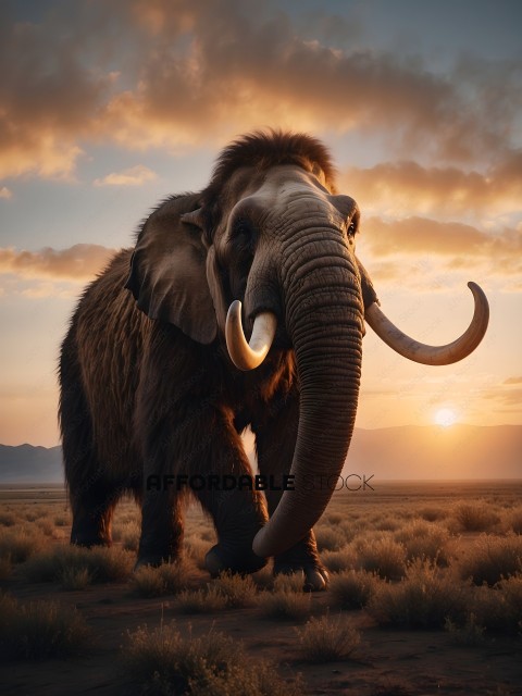 An elephant with tusks walking in a field at sunset