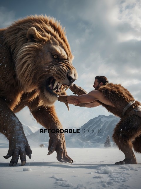 A man is fighting a lion in the snow