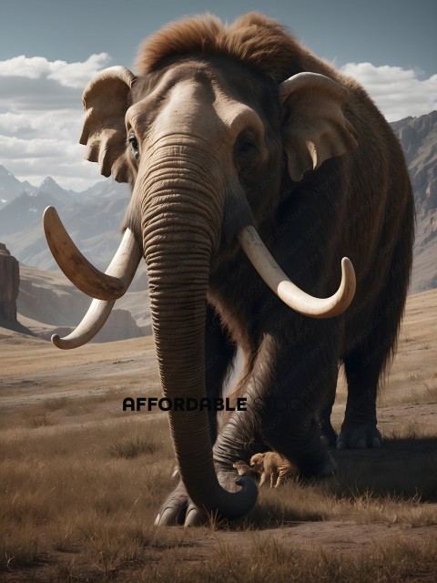 An elephant with tusks in a field