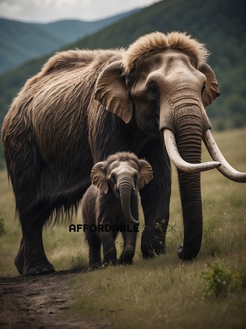 Elephant and baby elephant standing in a field