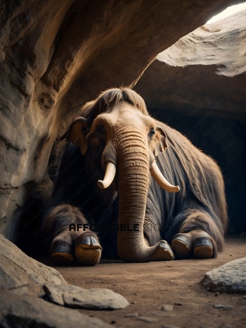 An elephant sitting in a cave