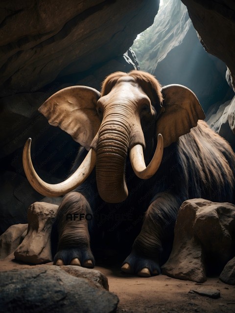 An elephant with tusks and long hair