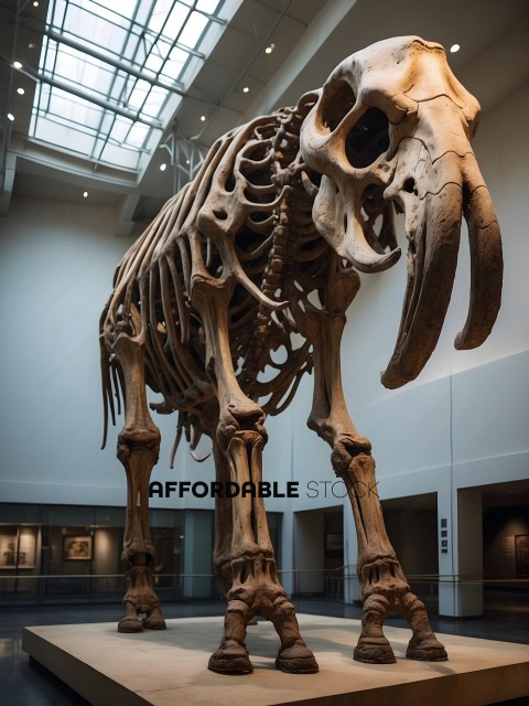 A skeleton of a large animal is on display