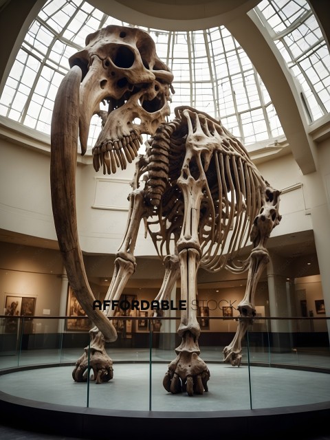 A skeleton of a mammal, possibly an elephant, is on display in a museum