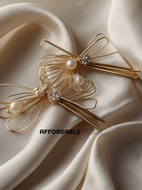 Gold and White Pearl Butterfly Brooches