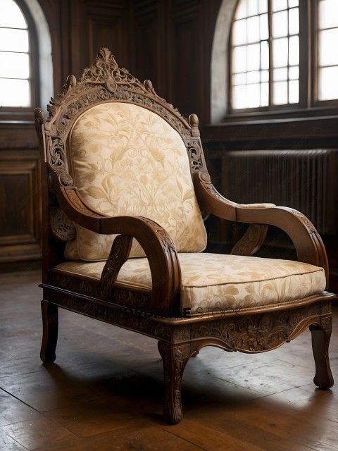 A fancy wooden chair with a white cushion