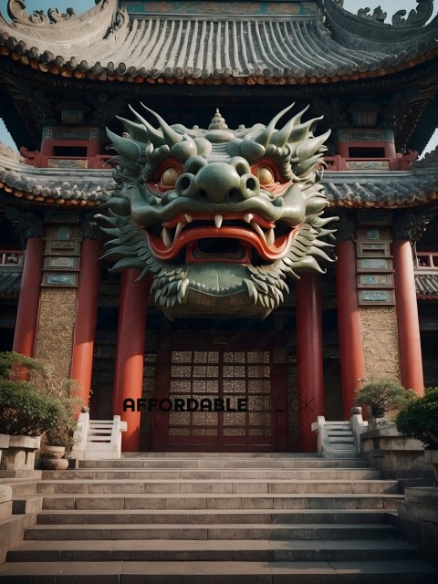 A large green dragon head statue in front of a building