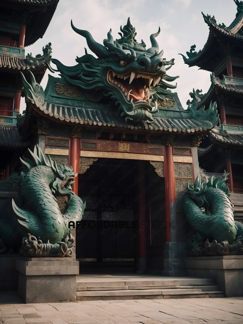Green Dragon Statue in front of a building