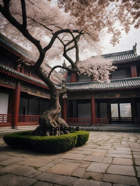 A tree with pink flowers in a courtyard