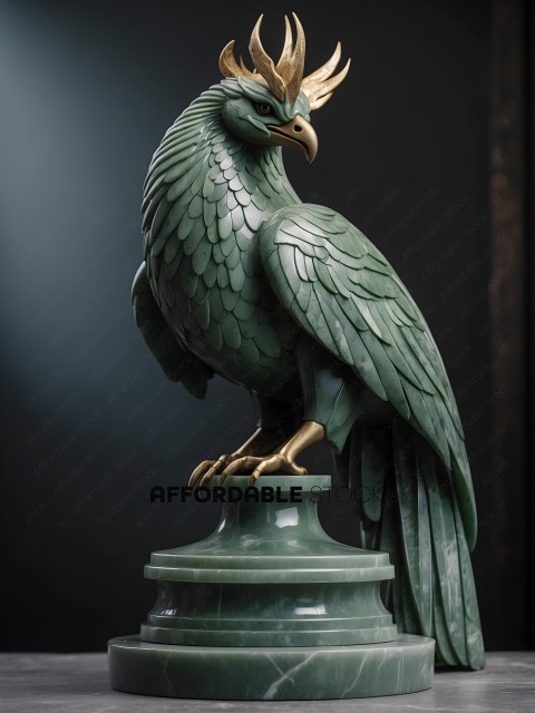 A green statue of a bird with a gold beak