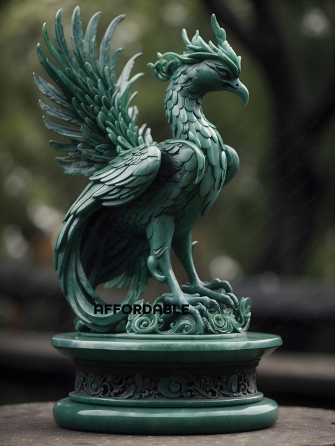 A green statue of a bird with wings spread