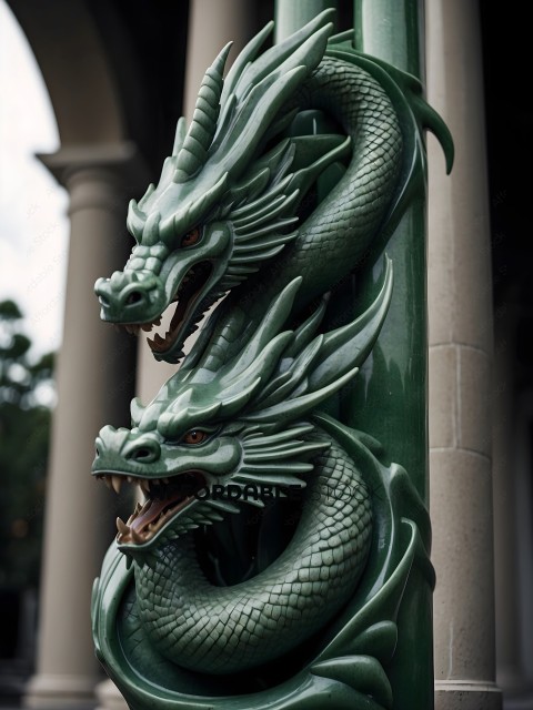 Green Dragon Sculpture with Open Mouth