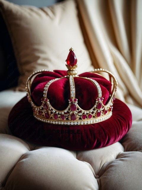 A crown with a red velvet cushion and pink jewels