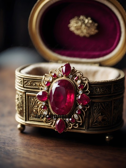 A gold and red jewelry box with a red gemstone