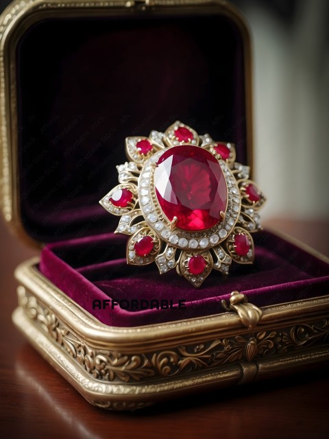 A gold and red ring in a velvet box