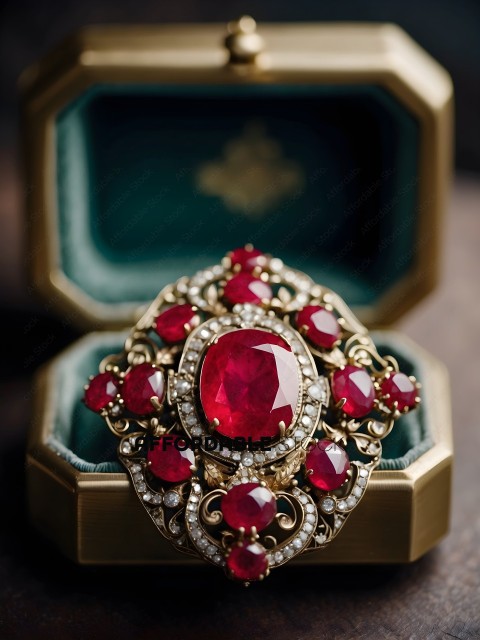 A gold and red jewelry box with a ring inside