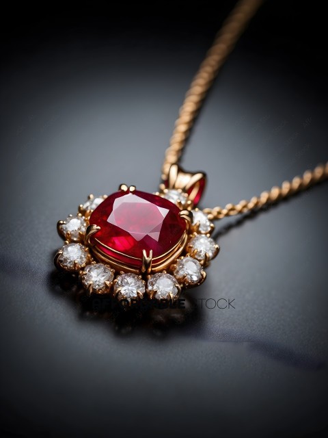 A gold and red necklace with a red gemstone