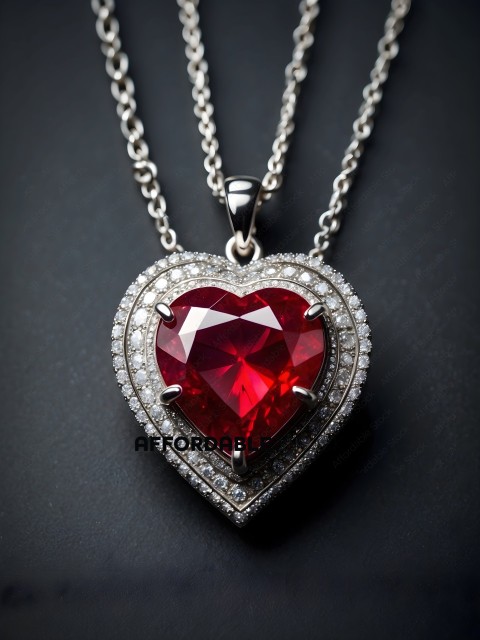 A heart shaped necklace with a red gemstone in the center