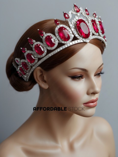 A mannequin wearing a crown with red gems