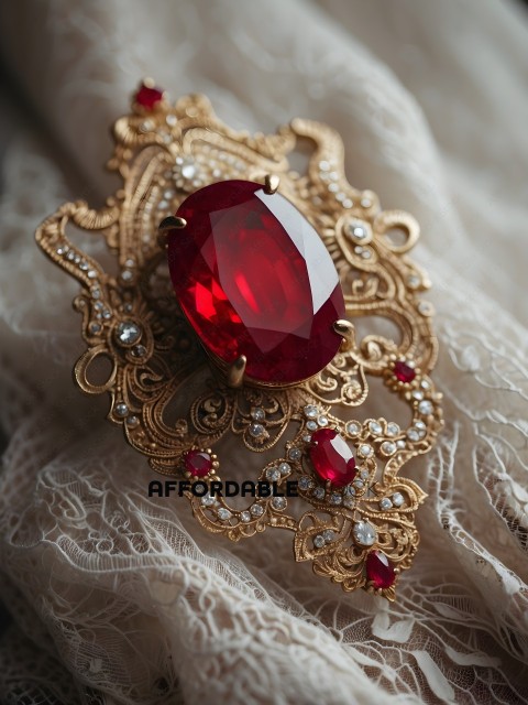 A gold and red jewelry piece with a red gemstone