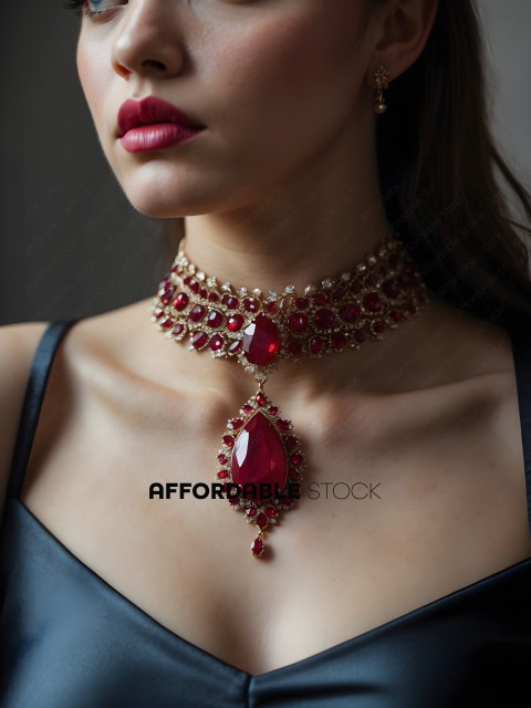 A woman wearing a red necklace with red jewels