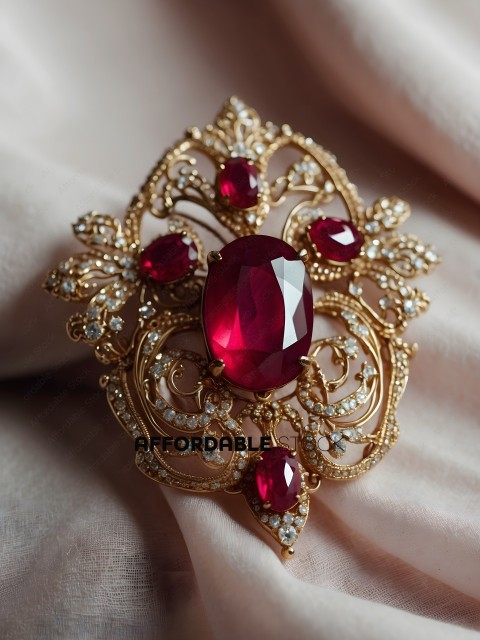 A gold and red jewelry piece with a large red gemstone