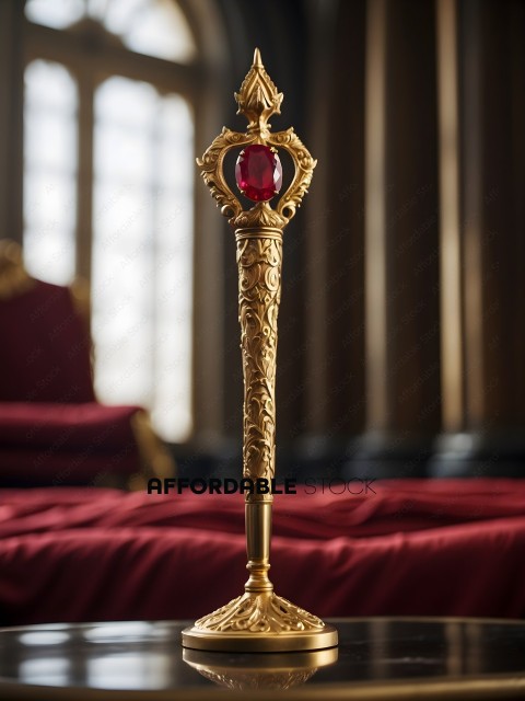 A gold and red decorative object with a red gemstone on top