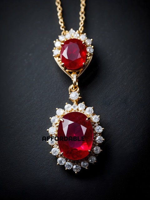 A pair of red and white earrings with a gold chain