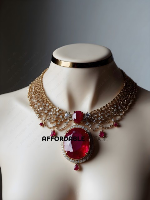 A gold necklace with a red gemstone