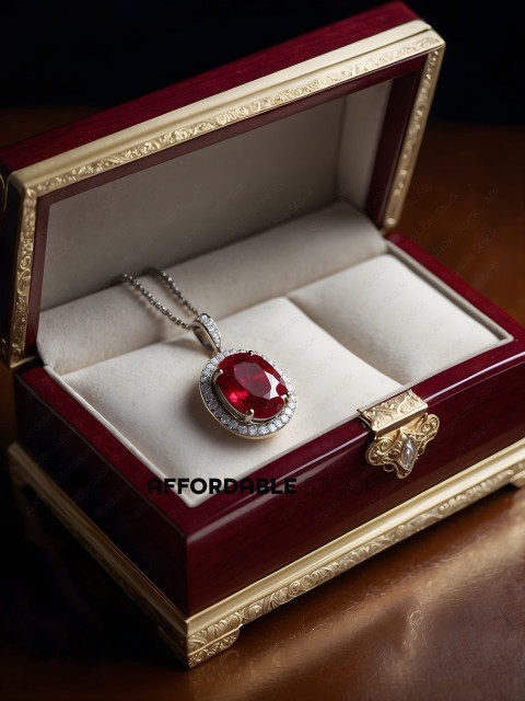 A Red Jewelry Box with a Necklace and Red Gemstone