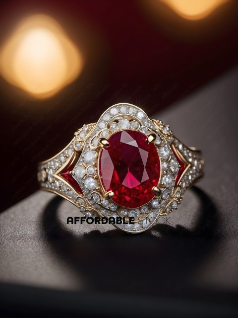 A ring with a red gemstone and white diamonds