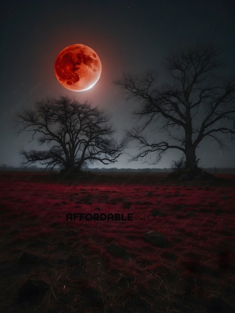 A red moon rises over a field of grass