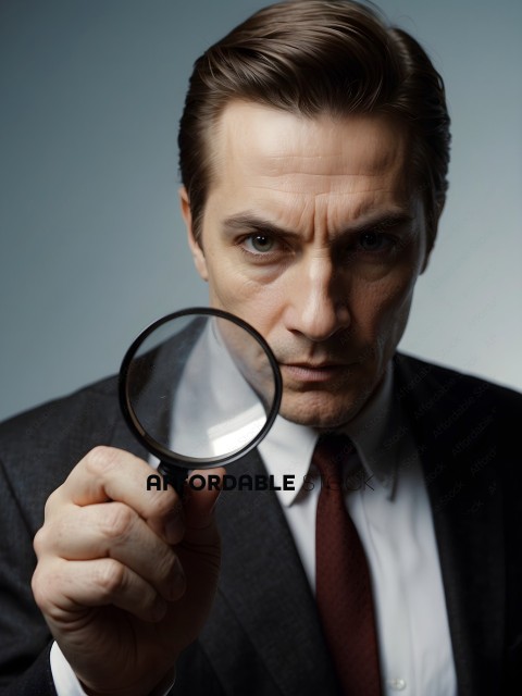 Man in a suit holding a magnifying glass