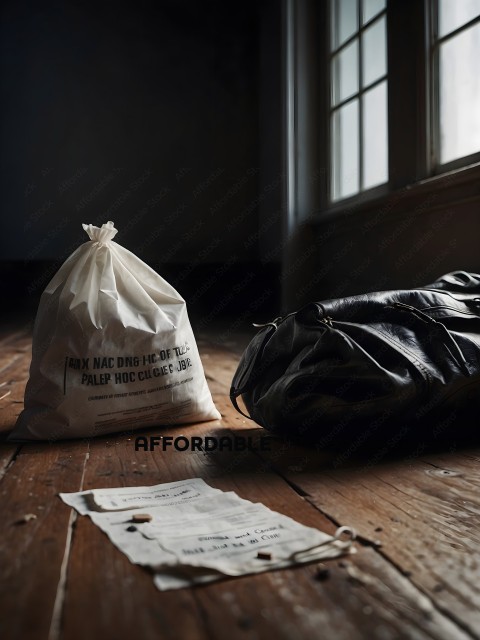 A leather bag and a white bag on a wooden floor