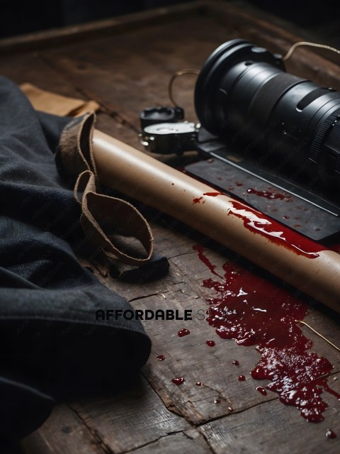 A bloody camera lens and a bloody roll of film