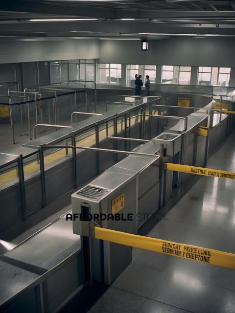 A view of a large room with a yellow rope barrier