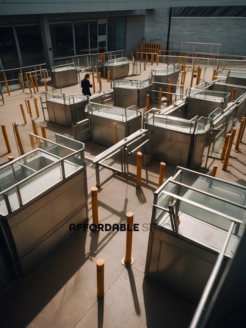 A woman walking through a maze of metal containers