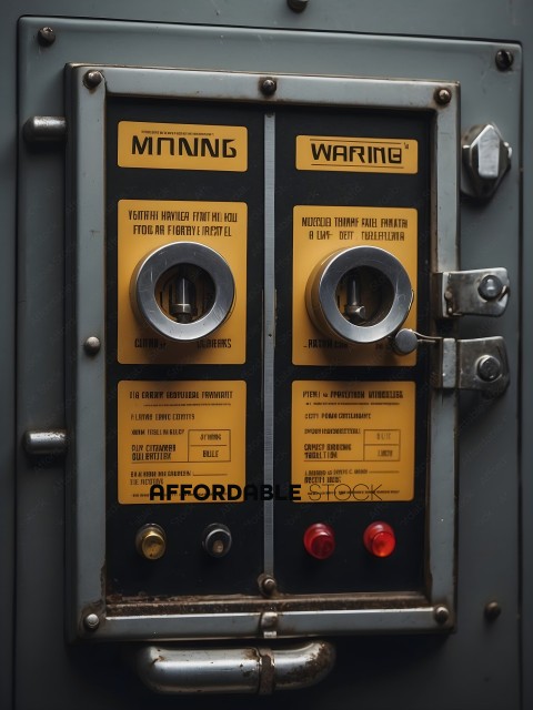 A yellow and black box with two red buttons