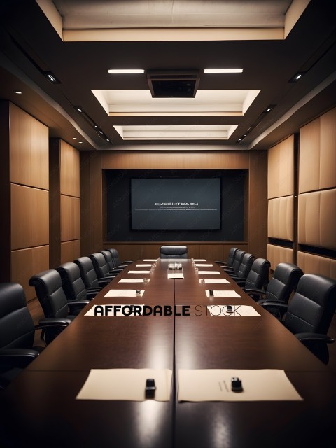 A conference room with a large screen and a long table