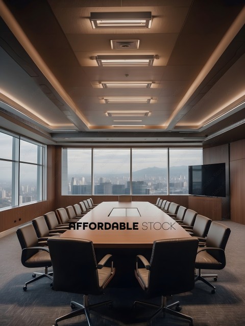 A conference room with a large table and many chairs
