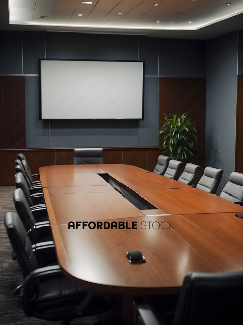 A conference room with a large wooden table and a large screen