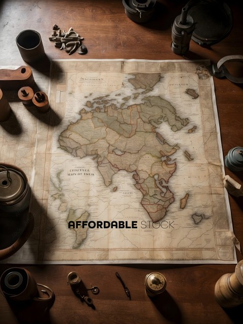 A map of Africa with a wooden table
