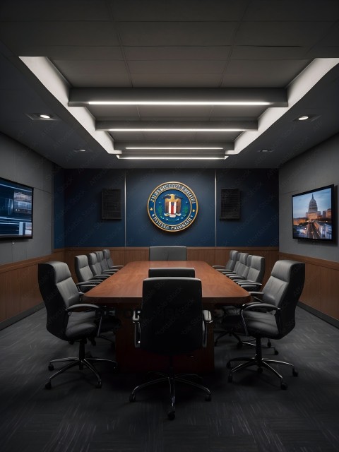 A conference room with a blue wall and a FBI logo