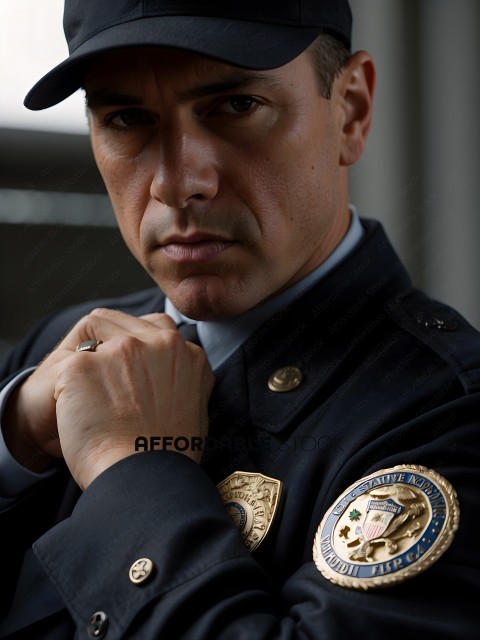 A man in a police uniform with a badge on his jacket