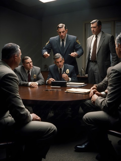 A group of men in suits and ties are sitting around a table