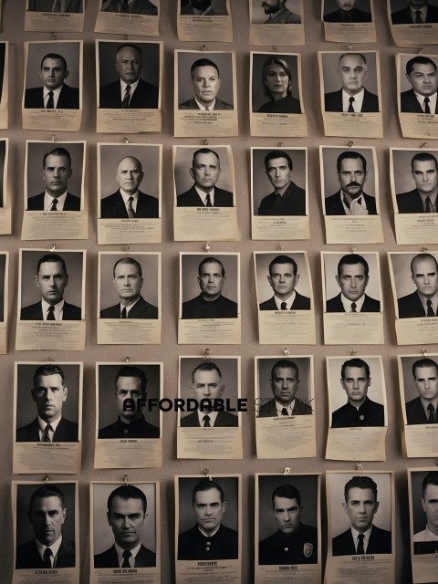 A wall of photos of men in suits and ties