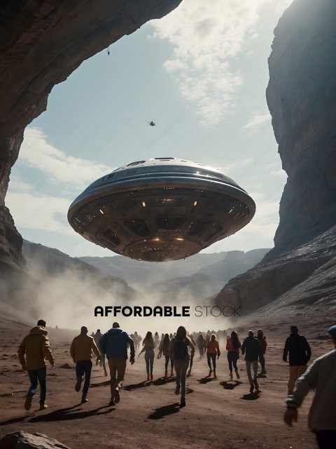 A group of people walking in a desert with a UFO in the sky