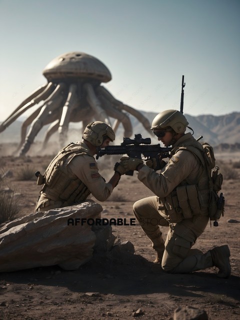 Two Soldiers Prepare to Fire at an Alien Invasion
