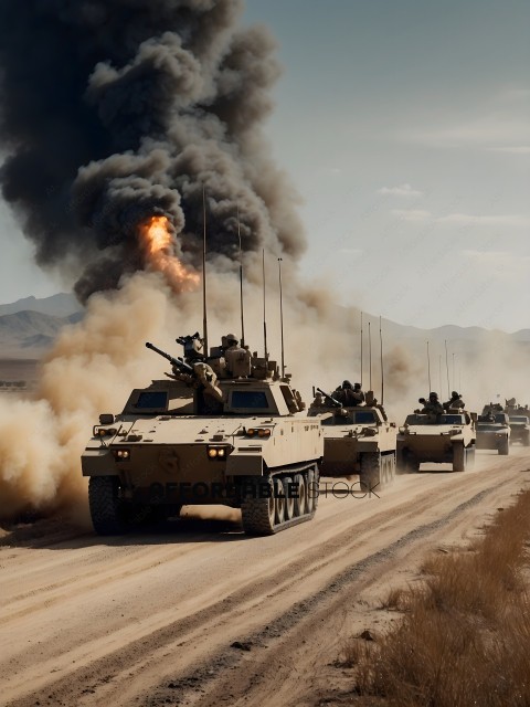 Army Tank Driving on Dirt Road with Smoke