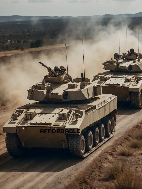 Soldiers in Tan Tanks on Dirt Road